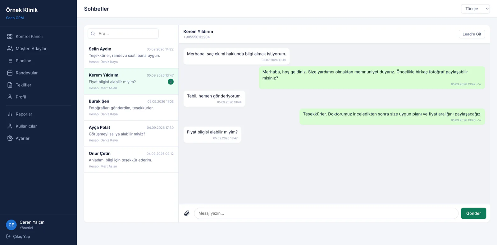 Sodo CRM sohbet ekranı: saç ekimi adayının WhatsApp yazışması, fotoğraf talebi ve fiyat sorusu tek kayıtta görünüyor