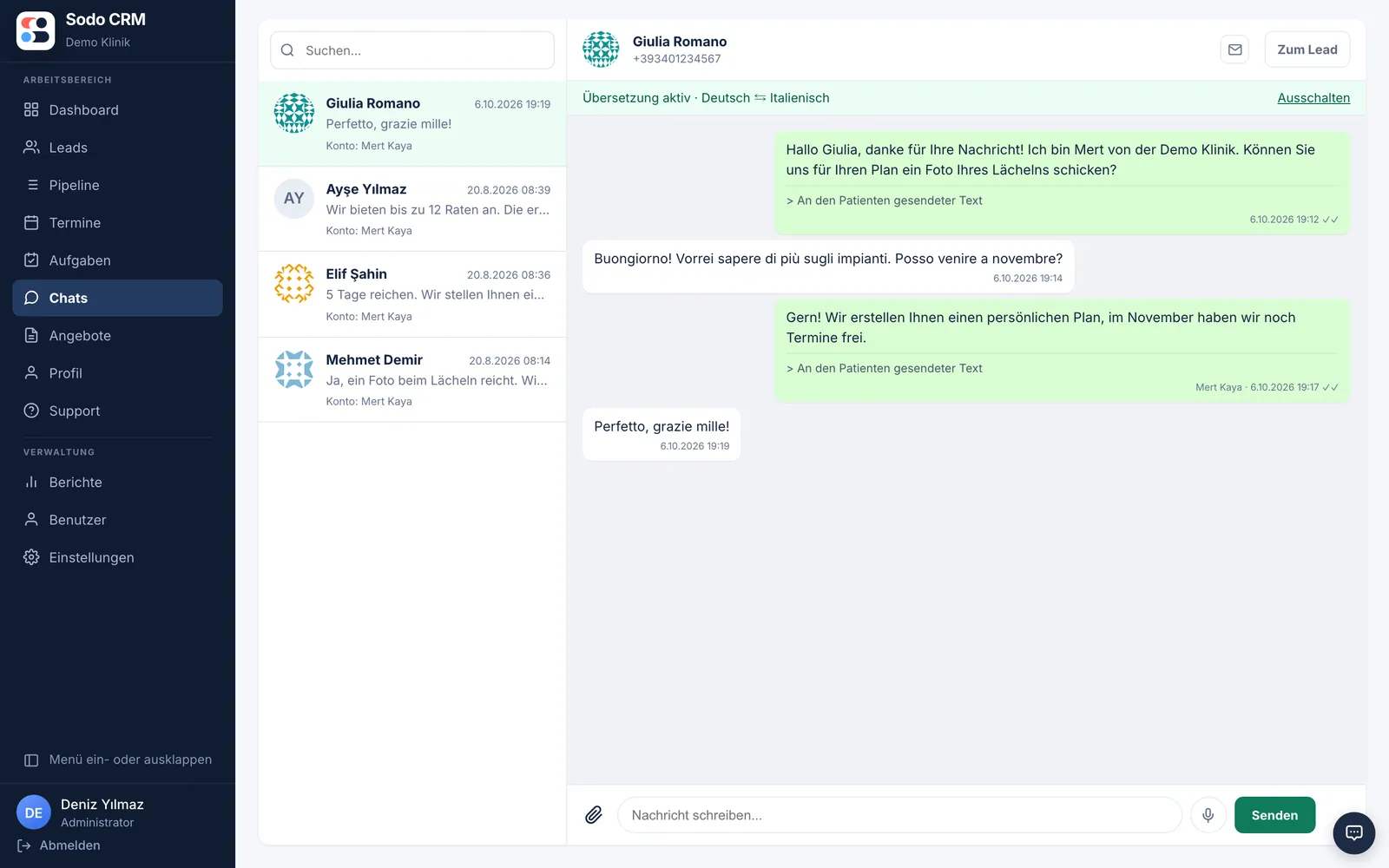 Sodo CRM Chat-Ansicht: WhatsApp-Gespräch mit einer italienischen Patientin, automatisch übersetzt