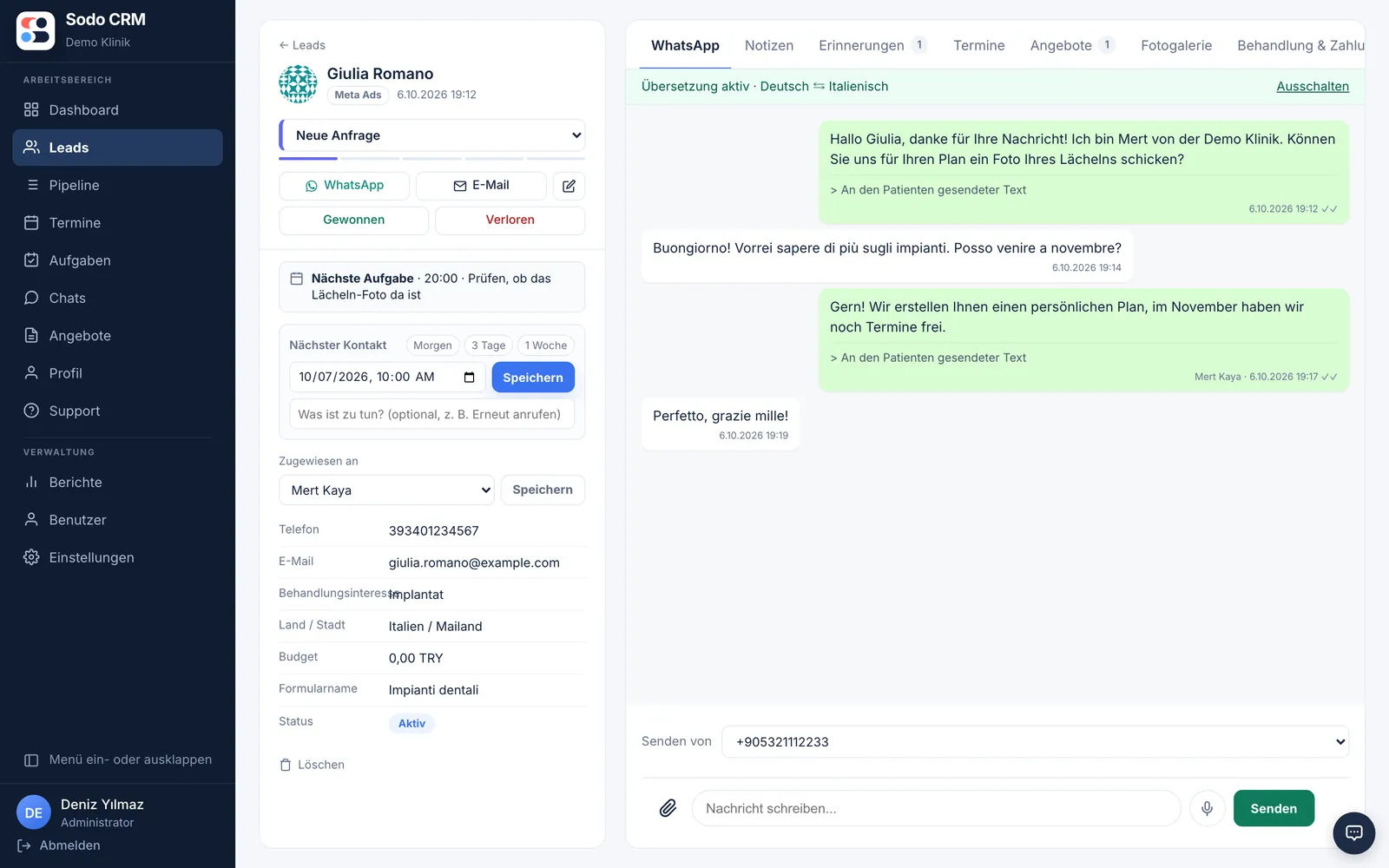 Sodo CRM Anfragekarte: Behandlungswunsch Implantat, Land, Formularname und Verantwortlicher neben dem WhatsApp-Gespräch