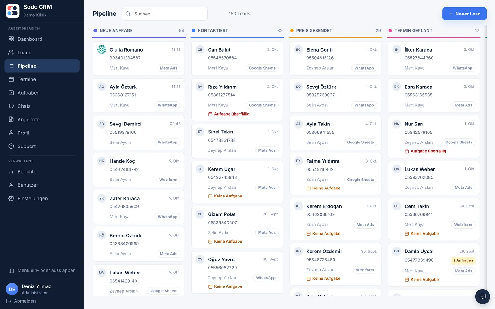 Sodo CRM Pipeline-Ansicht: Anfragen nach Phasen sortiert, mit Verantwortlichem und Quelle
