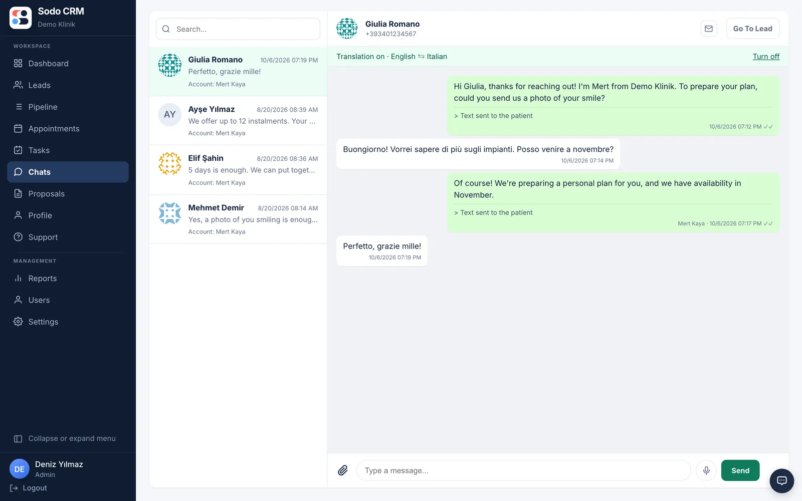 Sodo CRM chat screen: a WhatsApp conversation with an Italian patient, translated between English and Italian