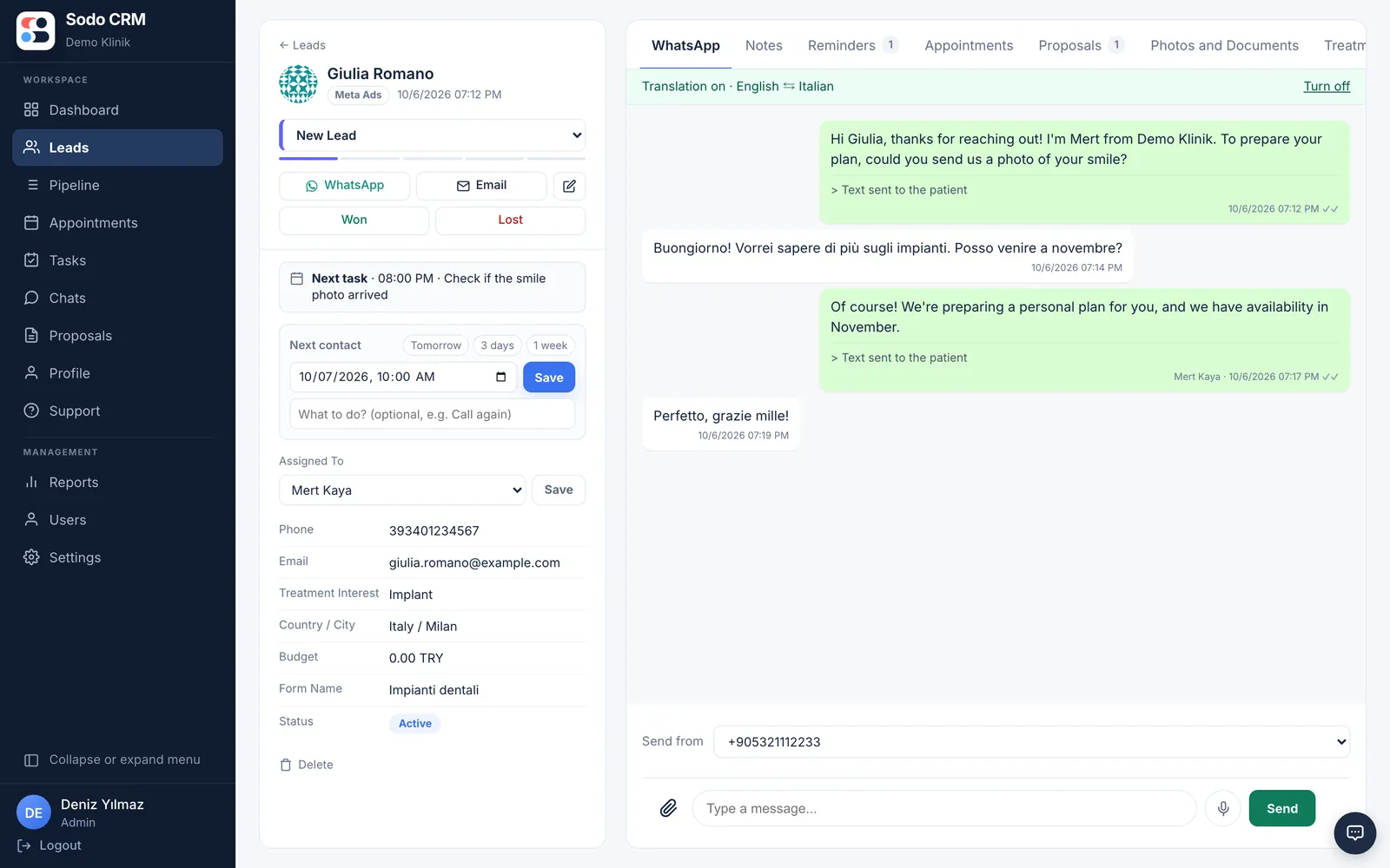 Sodo CRM lead card: implant treatment interest, country, form name and owner next to the WhatsApp conversation